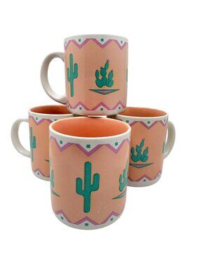 80’s K.I.C Peach Turquoise Cactus Southwest Ceramic Coffee Mug 4 Pc Korea Vtg